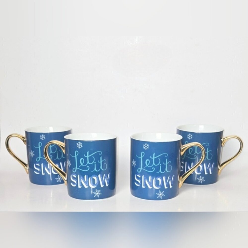 Vintage Set Of 4 Ciroa With Love Mugs "Let It Snow" Blue with Gold Handles